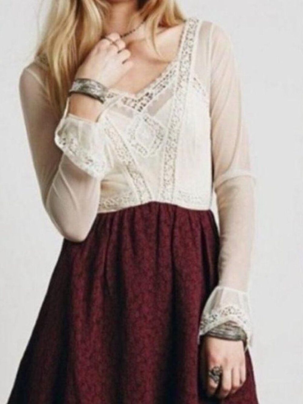 Free People Two-Tone Lace and Mesh Long Sleeve Dress in Blush and Burgundy